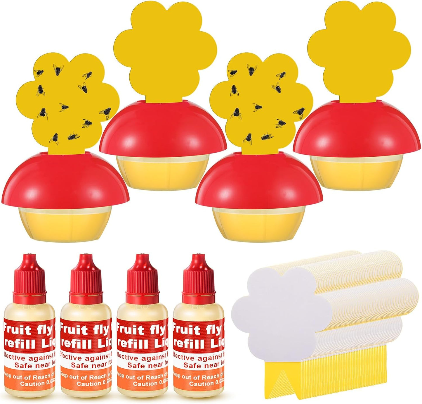 Qualirey Fruit Fly Trap for Indoors, 4 Pack Fruit Fly Trap with 4 Refill Liquid and 60 Yellow Sticky Pads, Safe Near Pets, Food and Kids, Fruit Flies Lure Liquid Trap for Home Kitchen