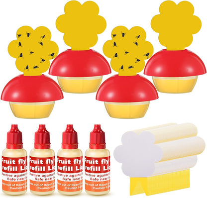 Qualirey Fruit Fly Trap for Indoors, 4 Pack Fruit Fly Trap with 4 Refill Liquid and 60 Yellow Sticky Pads, Safe Near Pets, Food and Kids, Fruit Flies Lure Liquid Trap for Home Kitchen