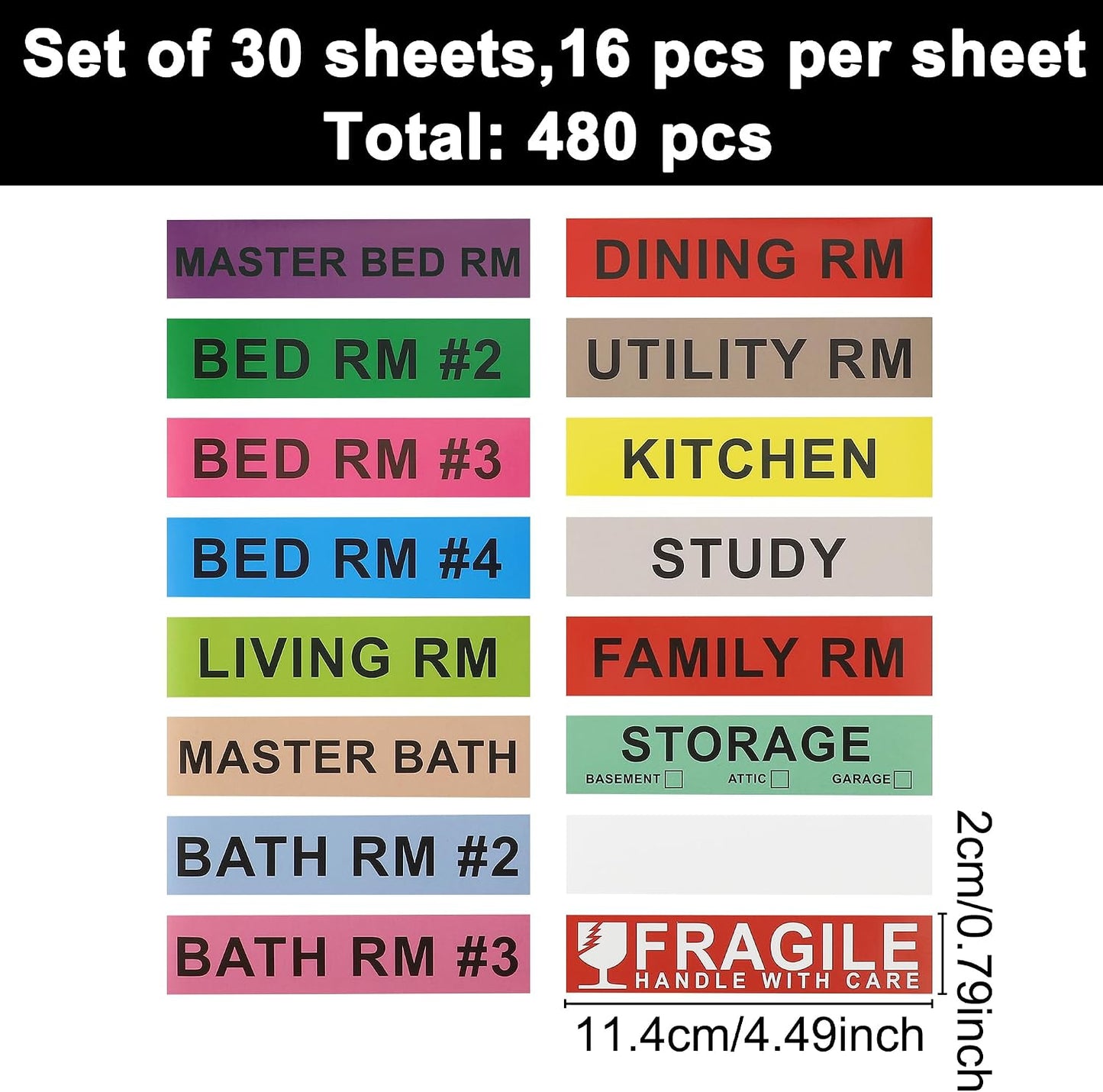 Home Moving Labels for Boxes, 480pcs 4.5"x1" 30 Sheets Removable Strong Adhesive Packing Stickers Fragile & Blank Labels,Pre-Printed Color-Coded Labels for Bedroom Bathroom Home Moving Supplies