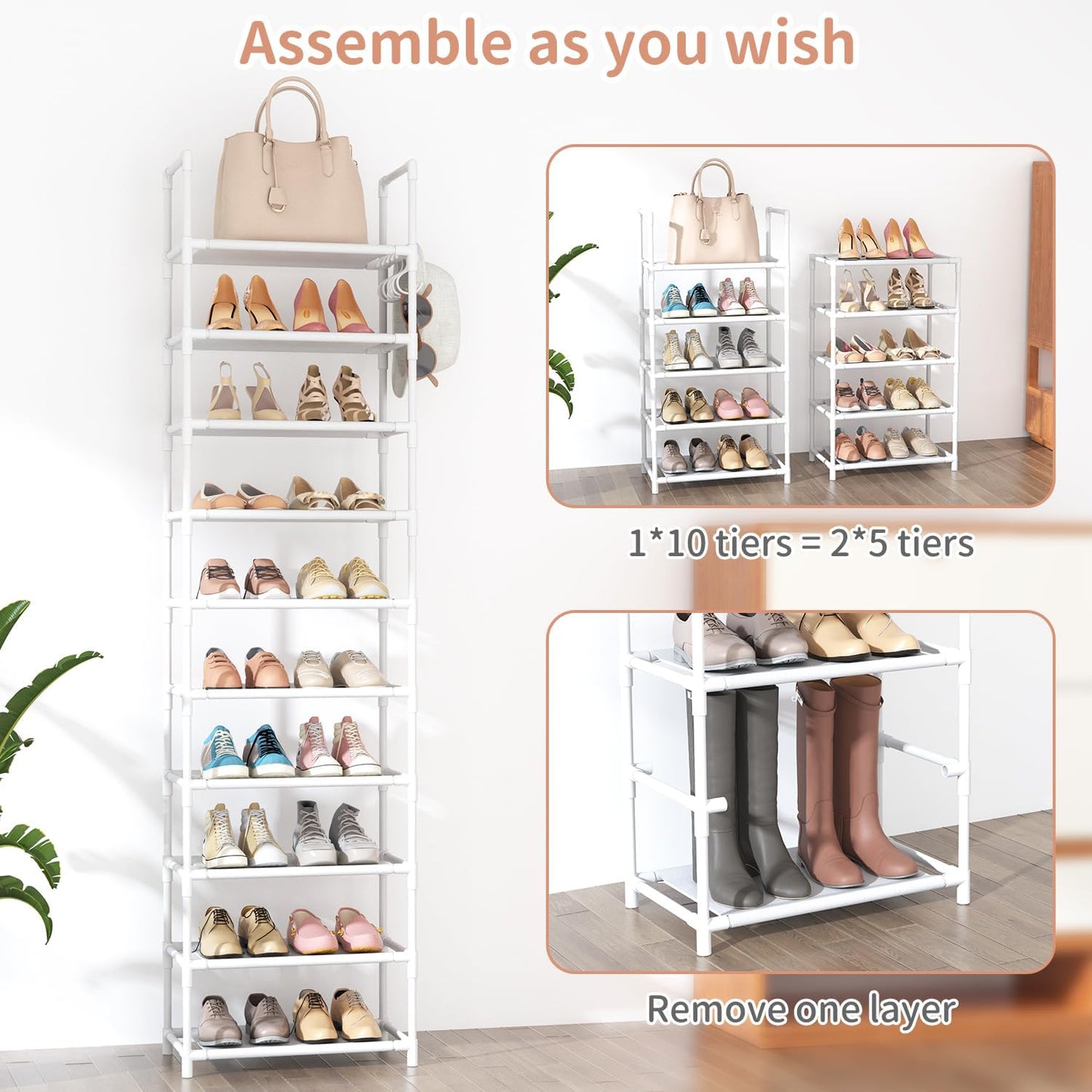 LANTEFUL 10 Tiers Tall Shoe Rack 20-25 Pairs Boots Organizer Storage Sturdy Narrow Shoe Shelf for Entryway, Closets with Hooks, Black