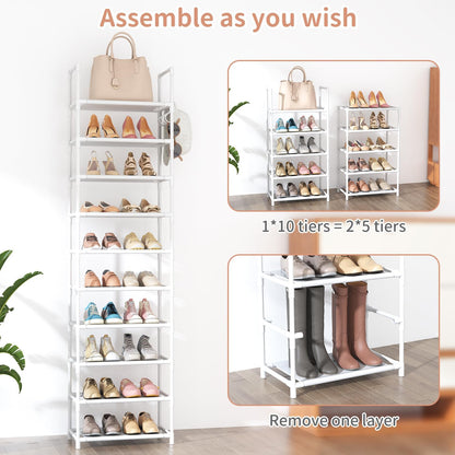 LANTEFUL 10 Tiers Tall Shoe Rack 20-25 Pairs Boots Organizer Storage Sturdy Narrow Shoe Shelf for Entryway, Closets with Hooks, Black