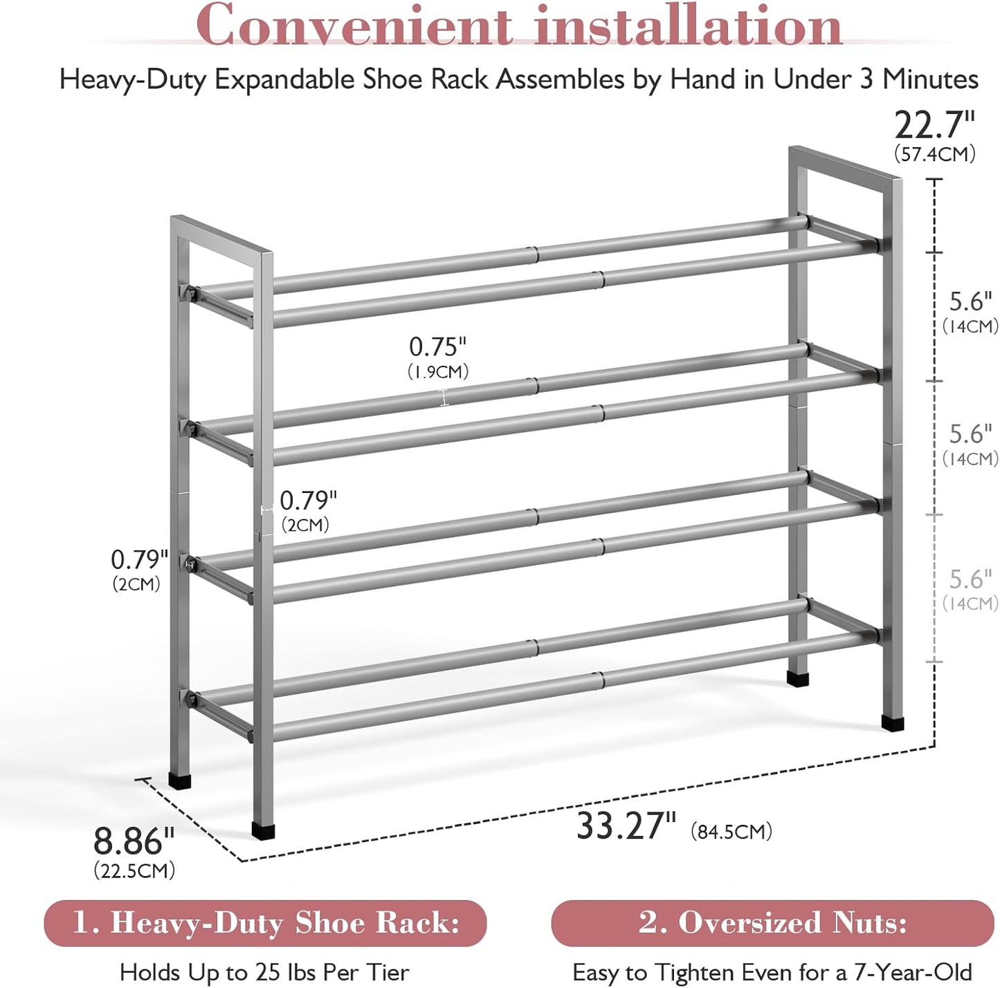 Bumusty 3-Tier Expandable Shoe Rack for Closet, 18“-33” Adjustable Shoe Rack for Small Space, Small Shoe Organizer for Front Door, Sturdy Metal, Black