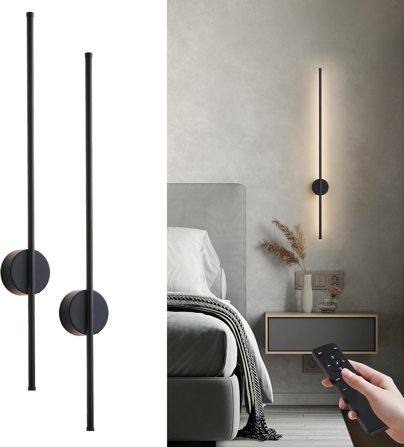 Battery Operated Modern Wall Sconces, Dimmable Wireless Wall Light Set of Two with Remote Control, 3 Color Temperatures, Rechargeable LED Wall Sconce for Bedroom, Living Room, Hallway, 23.6 Inch Brass