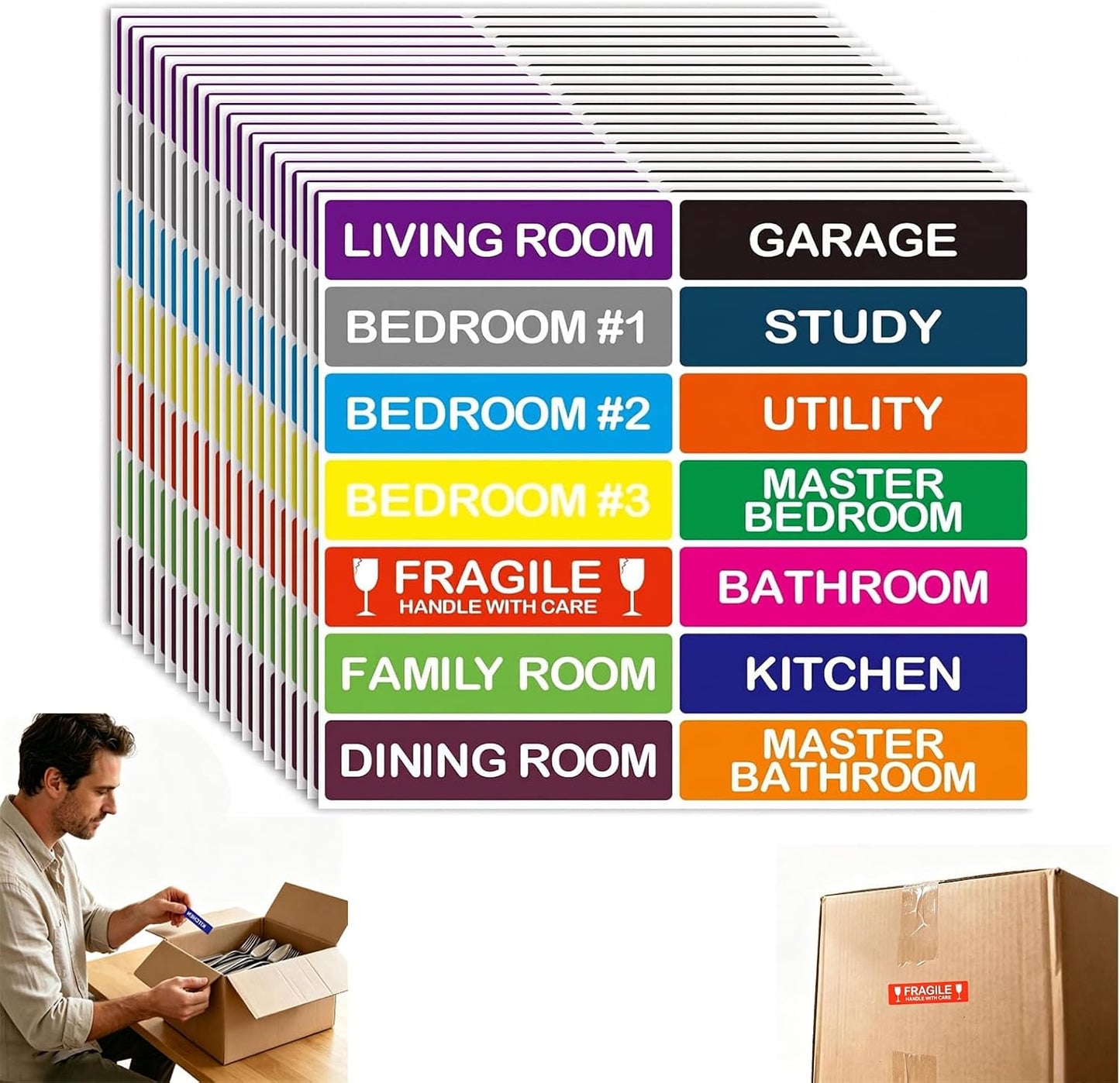 Color Coded Moving Labels for Boxes 20 Sheets, 280 Stickers，3 | 14 Color Varieties, Includes Fragile Labels, Residue-Free Removal, Strong Self-Adhesion, Multi-Surface Use