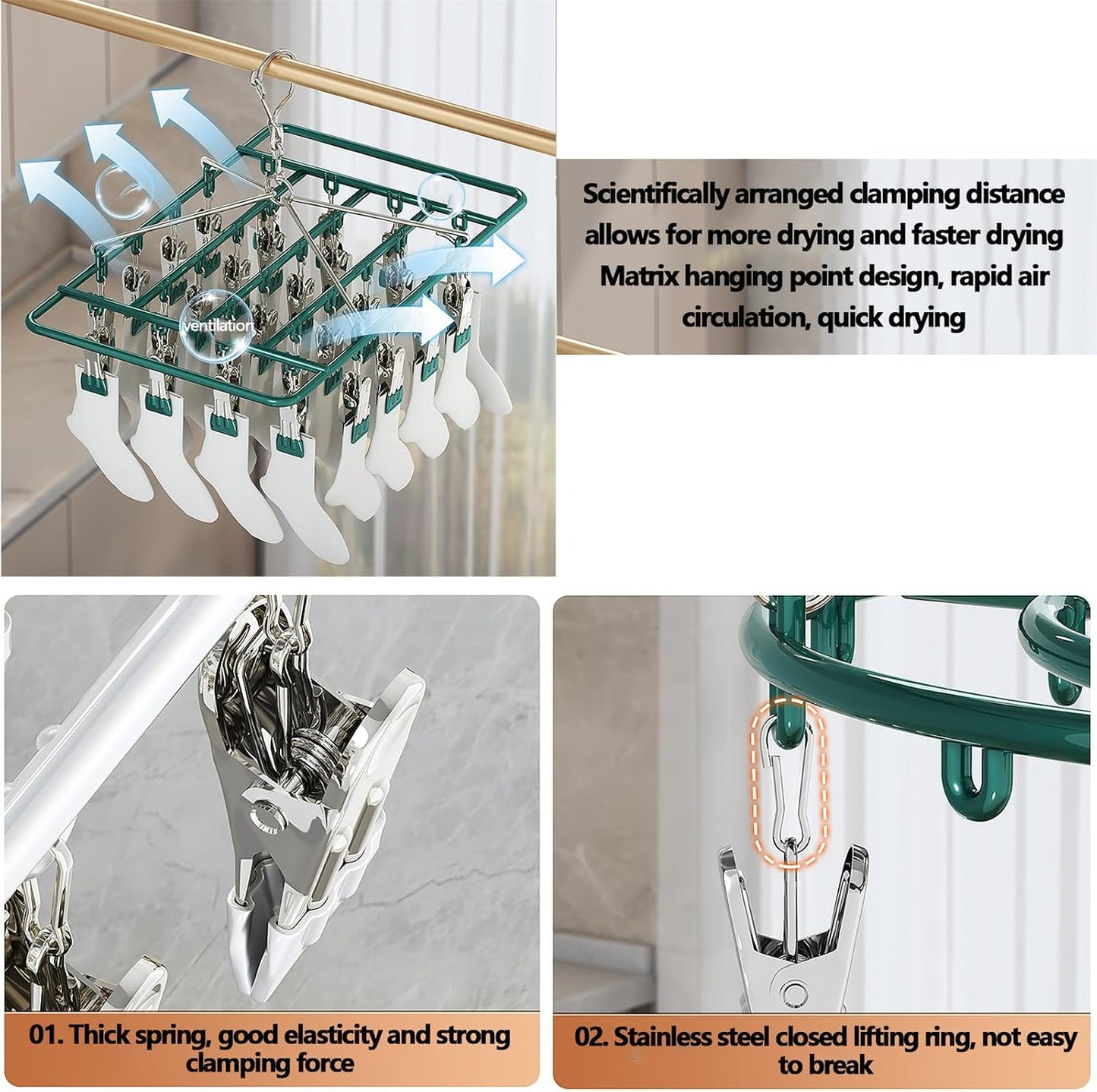 Stainless Steel Clothes Sock Drying Rack With 28 Clips, Swivel Hook Windproof Clothes Hanger Rack For Sock, Bras, Towel, Underwear, Hat, Scarf, Gloves, Pants Laundry Clothes Square28clamps pink