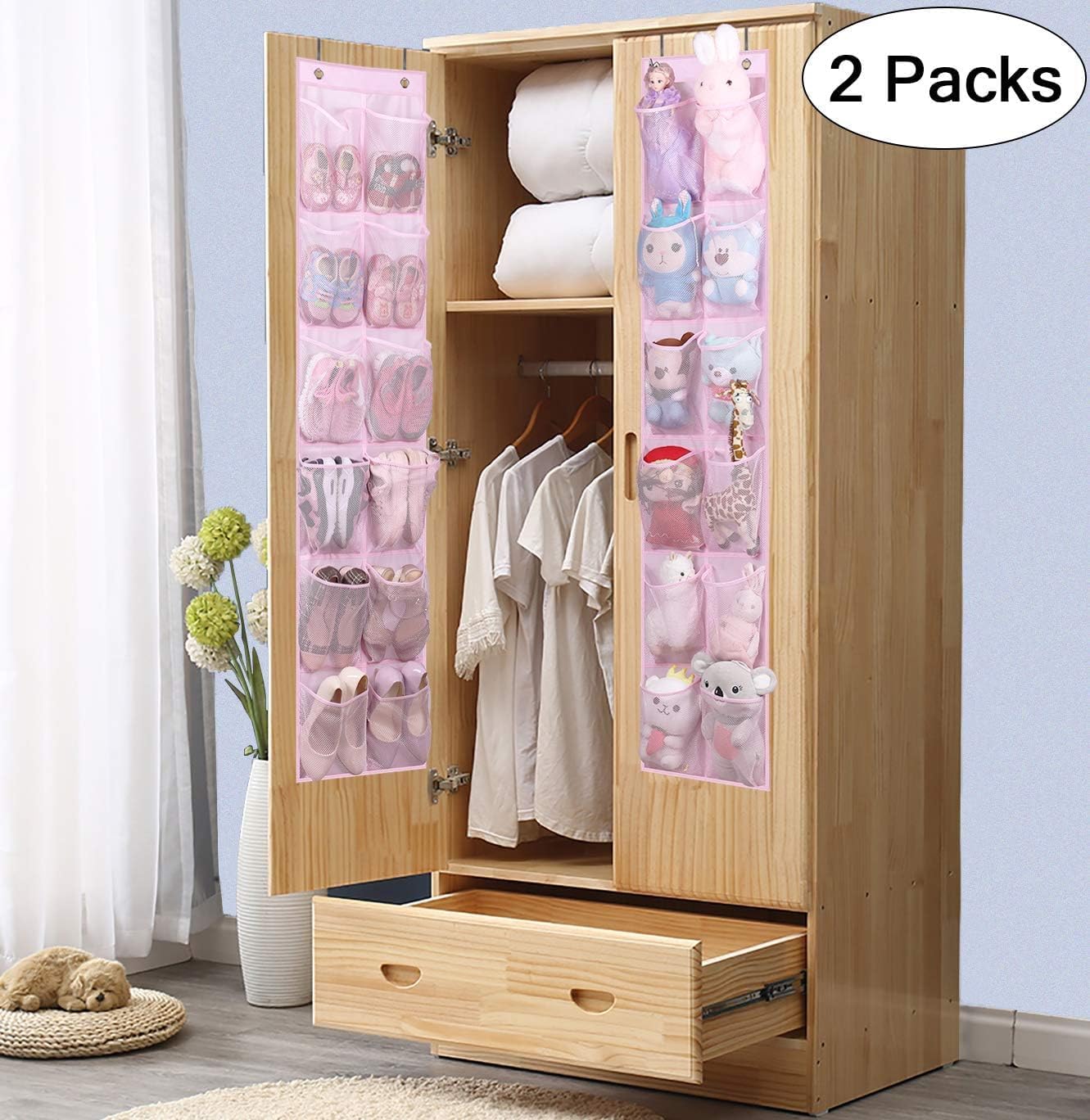 MISSLO Over The Door Shoe Organizer 12 Large Mesh Pockets Hanging Narrow Closet Door, White, 2 Pack