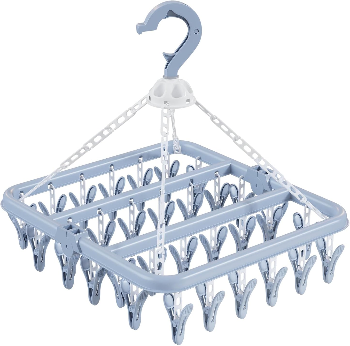 Clothes Drying Rack with 32 Clothespins, Bule Foldable Hanging Drying Racks, 360° Rotatable Hook for Drying Towels Bras Baby Clothes Gloves Plastic, Clothes Drying Foldable-Bule