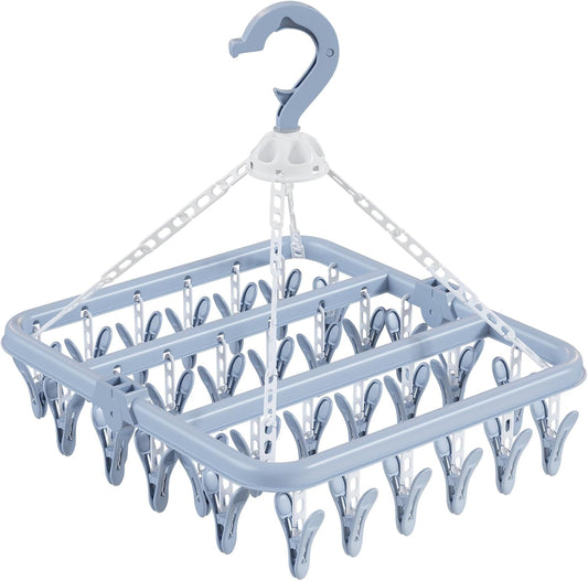 Clothes Drying Rack with 32 Clothespins, Bule Foldable Hanging Drying Racks, 360° Rotatable Hook for Drying Towels Bras Baby Clothes Gloves Plastic, Clothes Drying Foldable-Bule