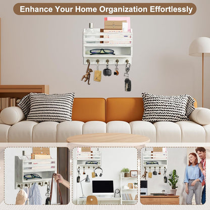 Mail and Key Organizer for Wall – Key Holder Wall Mount with Storage Box and 5 Key Hooks, Mail Holder Wall Mounted for Entryway, Apartment, Office, Home Decor Organization (Brown)