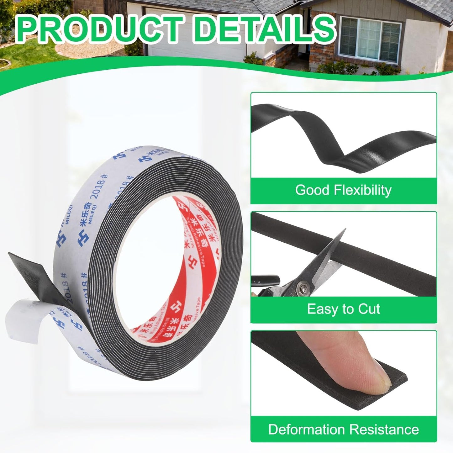 PATIKIL Sponge Rubber Foam Tape, 5/8" W x 1/8" t x 16.4ft l Self-Adhesive Foam Insulation Tape Weather Stripping for Window Door Soundproofing Weatherstrip AC Seal Strip, Black