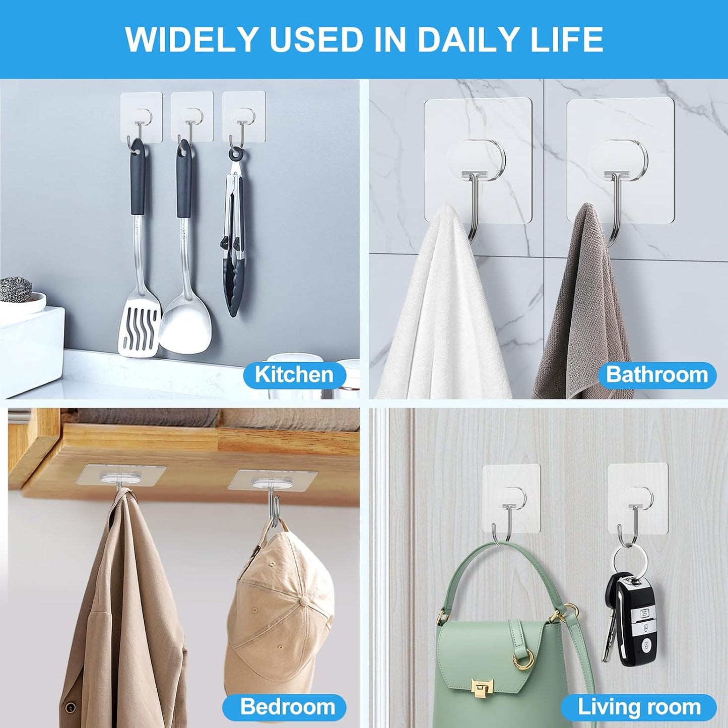 JINSHUNFA Adhesive Wall Hooks 13LB Heavy Duty No Drill Transparent Waterproof Hooks for Bathroom Kitchen Towel Coat 12 Pack