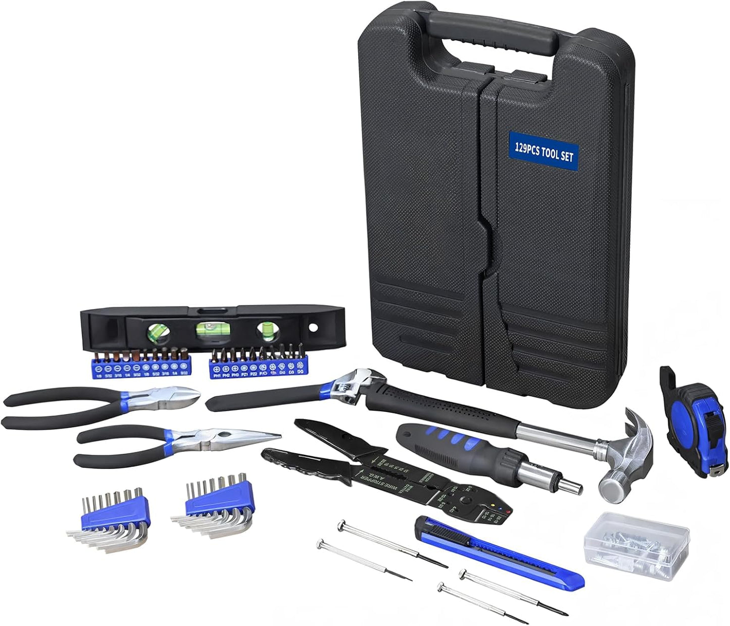 Torin 129 Piece Tool Set Household Repair Tool Kit with Plastic ToolBox, S2 tool steel adjustable wrench, driver handle, Wire Striper, measuring tape, screwdriver bits, screwdrivers Set.etc, APK129TSM