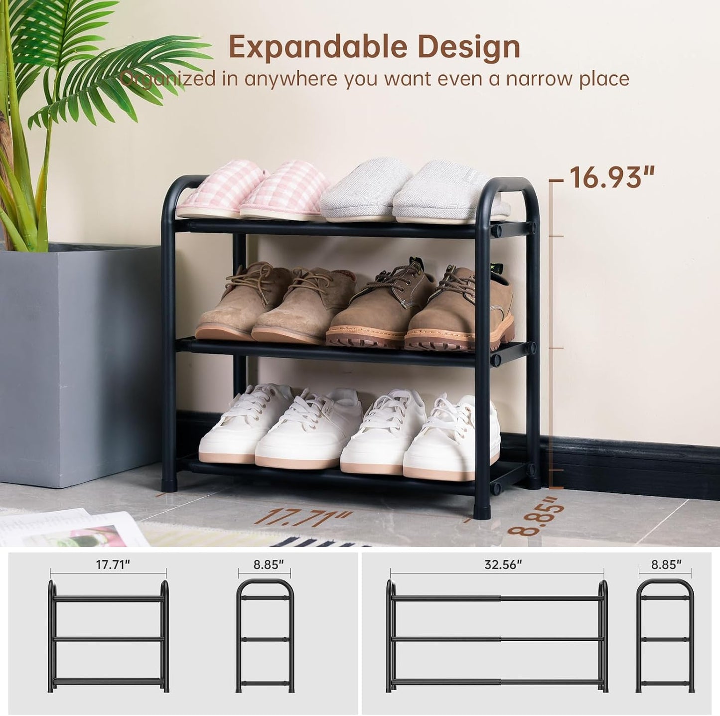 Gonfoam Shoe Rack for Closet, Expandable Shoe Organizer Storage Shelf, Adjustable Metal Free Standing Small Closet Shoe Rack for Entryway, Doorway (2-Tier Black)