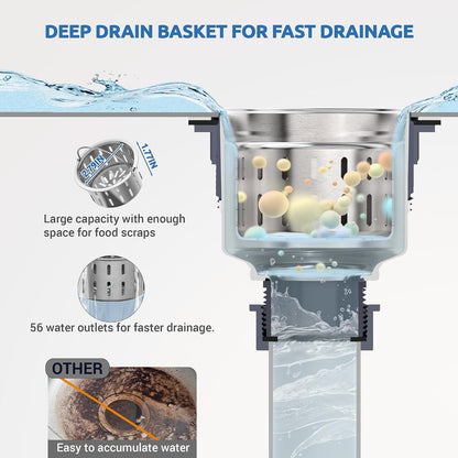 BOTEMY Kitchen Sink Drain Assembly with Removable Deep Basket Strainer, Anti-Clog Sink Drain Kit, Stainless Steel & ABS, Easy Clean Lift-Out Strainer, Fits Standard 3-1/2 Kitchen Sinks - Brushed
