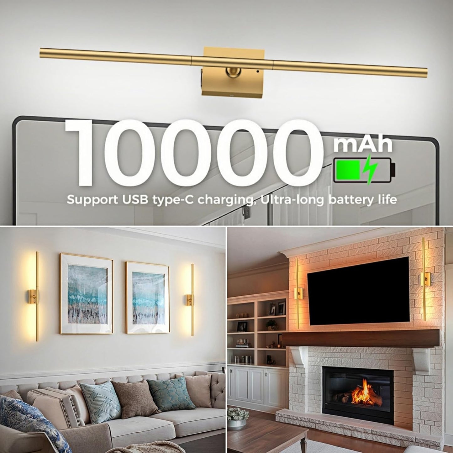 iThird Battery Operated Wall Sconces Set of 2: 10000mAh Rechargeable Wall Lights with Remote Control, 360° Rotate Wireless Wall Scone Decor for TV/Mirror Bedroom Living Room, 31.5 Inch, Black
