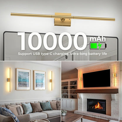 iThird Battery Operated Wall Sconces Set of 2: 10000mAh Rechargeable Wall Lights with Remote Control, 360° Rotate Wireless Wall Scone Decor for TV/Mirror Bedroom Living Room, 31.5 Inch, Black