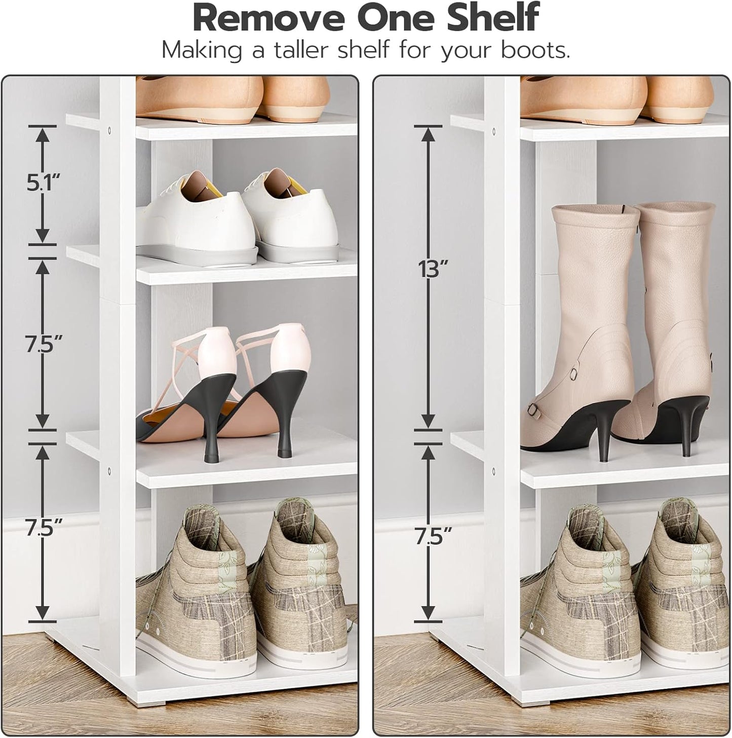 HOOBRO 8 Tiers Vertical Shoe Rack, Wooden Shoe Storage Organizer with Hooks, Narrow Shoe Tower for 8 Pairs, Space Saving, for Entryway, Living Room, Bedroom, Rustic Brown BF07XJ01G1