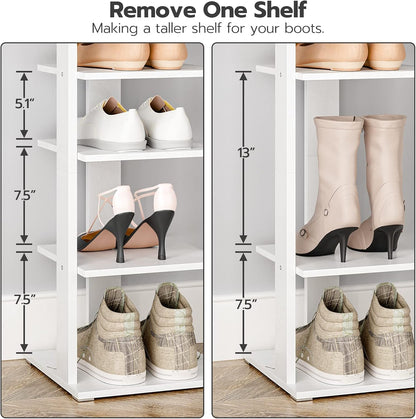 HOOBRO 8 Tiers Vertical Shoe Rack, Wooden Shoe Storage Organizer with Hooks, Narrow Shoe Tower for 8 Pairs, Space Saving, for Entryway, Living Room, Bedroom, Rustic Brown BF07XJ01G1