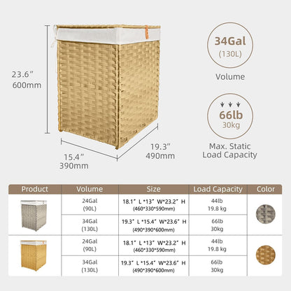 Wicker Laundry Hamper with Lid,34 Gal(130 L) Rattan Laundry Basket 2 Sections with Lid, Removable Machine Washable Line, Large Clothes Hamper with Handles for Bathroom Bedroom, Gray