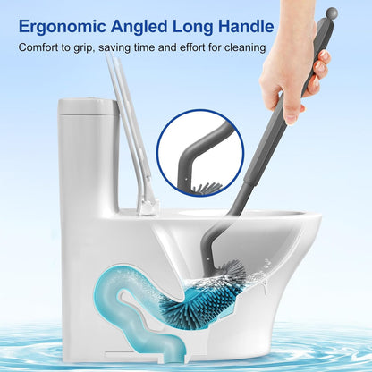 HAMITOR Toilet Bowl Brush Holder Set: Deep Cleaning Silicone Toilet Cleaner Scrubber Under Rim with Curved Bristle for Bathroom Dead Corner Clean - Modern Rv Toilet Decorative Accessories - White