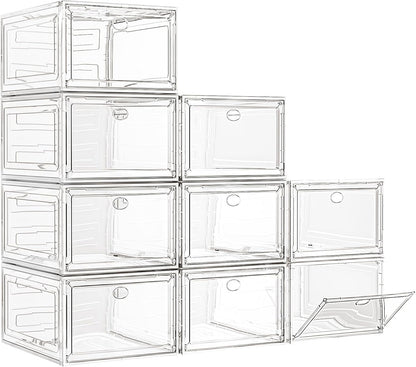 7 code Thicken & Sturdy Clear Shoe Storage Organizer with Magnetic Door, Stackable Boxes for Closet, Foldable Shoe Rack for Sneaker Boot Container, Plastic Shoe Cabinet Shoe Box 6 Pack, Black
