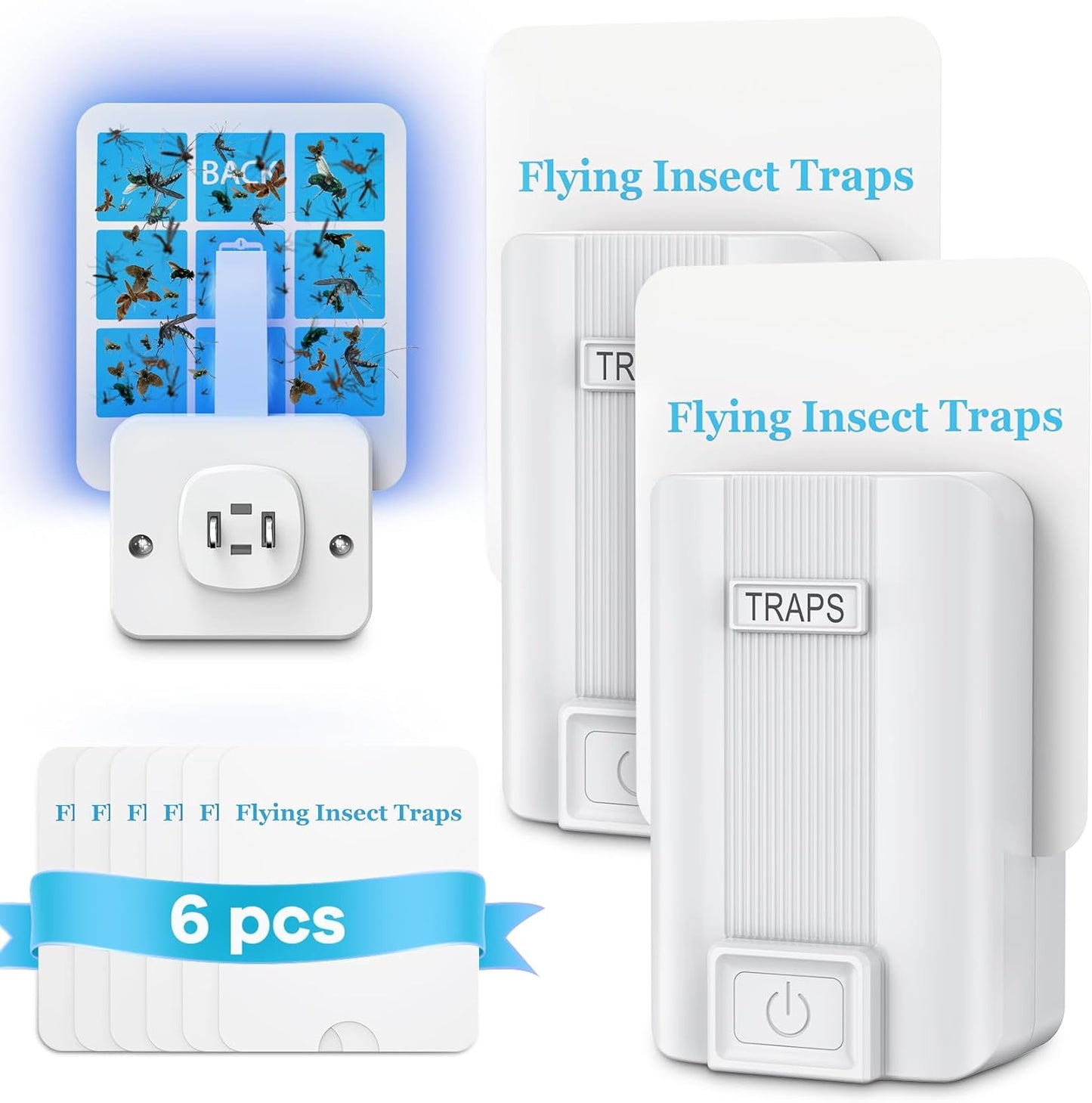 2-Pack Fly Trap Indoor with 6 Refills | Plug-in Sticky Glue Trap for Fruit Flies, Gnats, Mosquitoes, Moths | Safe for Kids & Pets