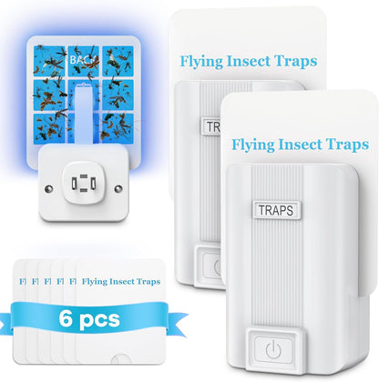 2-Pack Fly Trap Indoor with 6 Refills | Plug-in Sticky Glue Trap for Fruit Flies, Gnats, Mosquitoes, Moths | Safe for Kids & Pets