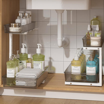 ADRIMER Under Sink Organizer 2 Packs, Pull Out Kitchen Sink Organizer, 2 Tier Slide Out Kitchen Organizers and Storage Bathroom Under Cabinet Storage Shelf, Transparent & White