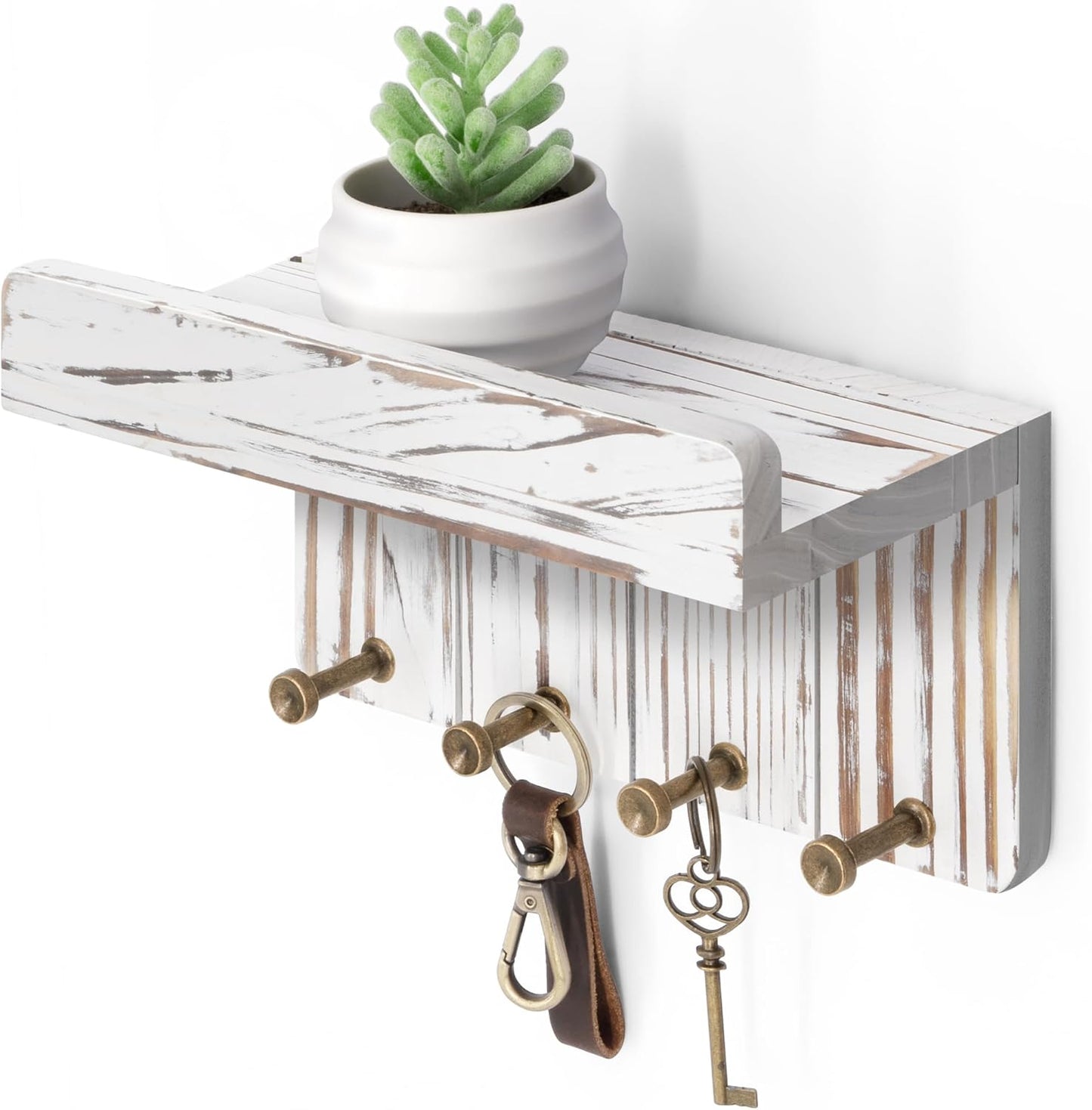 Rebee Vision Small Key Holder Wall Mount for Farmhouse Decor - Key and Mail Holder for Wall with Shelf and 4 Key Hooks - Room Decor Aesthetic (Distressed Blue)