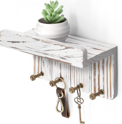 Rebee Vision Small Key Holder Wall Mount for Farmhouse Decor - Key and Mail Holder for Wall with Shelf and 4 Key Hooks - Room Decor Aesthetic (Distressed Blue)