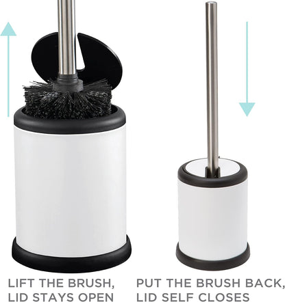 Bath Bliss Toilet Brush and Holder | Self Closing Lid | 360 Degree Brush Head | Bathroom Cleaning | Compact Size | Storage and Organization | Stainless Steel