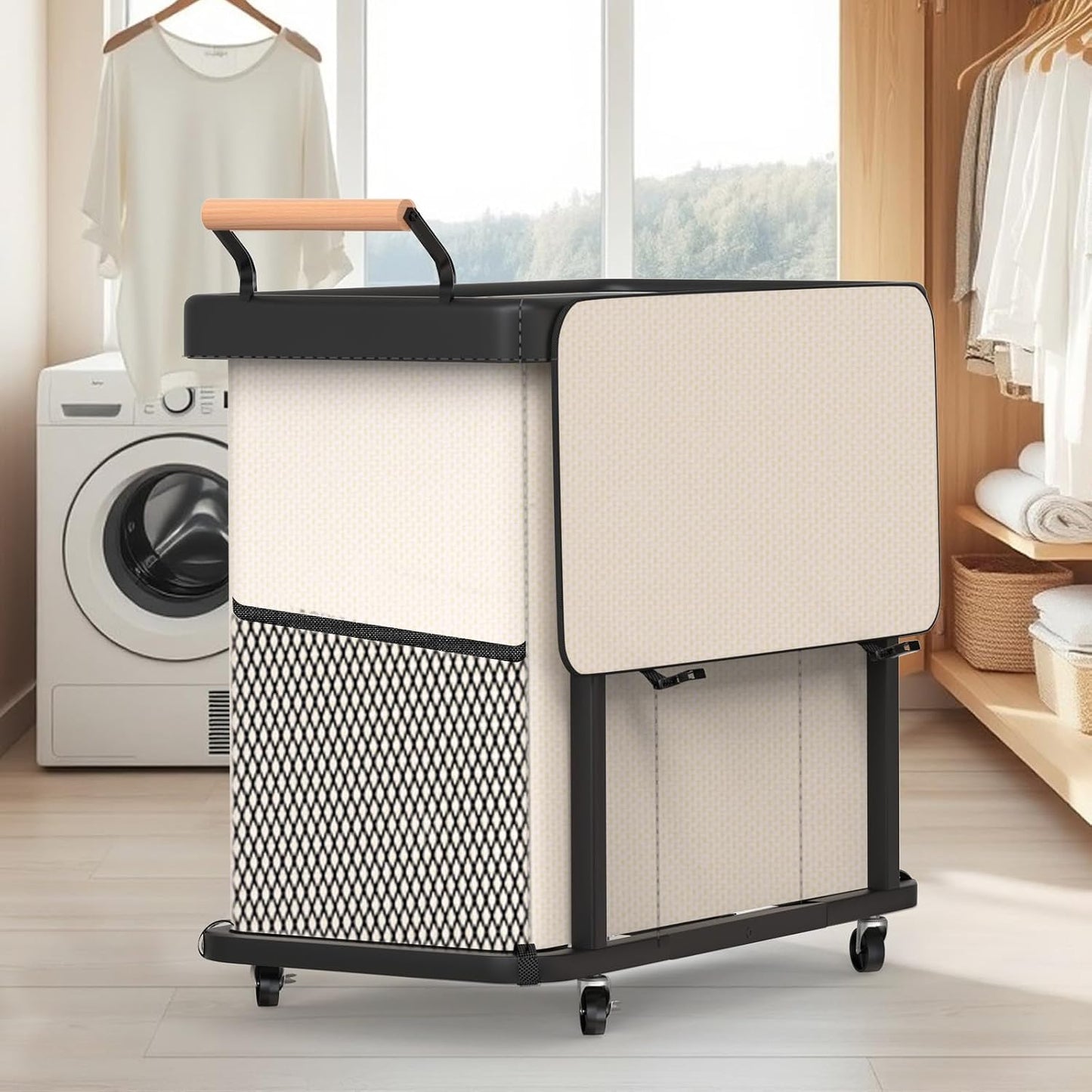 Rolling Laundry Hamper with Wheels, Laundry Hamper 3 Section with Lid, Laundry Basket with Rolling Lockable Wheels and Handle, Laundry Basket Organizer for Laundry Room, Bedroom 230L Black