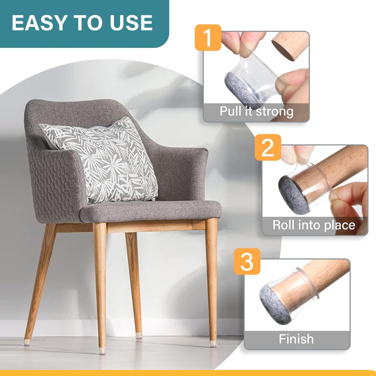 Ansible 24 Pcs Chair Leg Floor Protectors Square, Silicone Felt Furniture Leg Pads Caps Covers for Hardwood Floors (Fit:1-1/16" to 1-5/8")