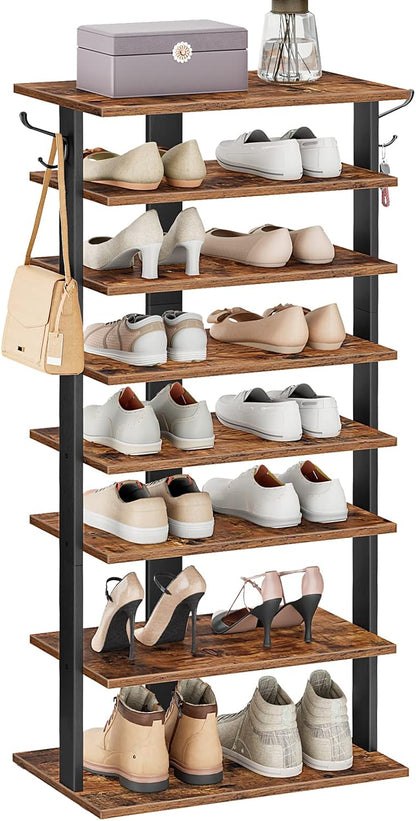 HOOBRO 8 Tiers Vertical Shoe Rack, Wooden Shoe Storage Organizer with Hooks, Narrow Shoe Tower for 8 Pairs, Space Saving, for Entryway, Living Room, Bedroom, Rustic Brown BF07XJ01G1
