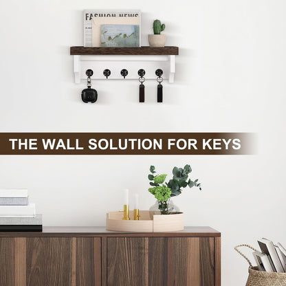 Key and Mail Holder Wall Mount, Key Holder with Shelf and Mail Organizer Wall Mount. Mail Holder with 5 Hooks for Coat, Dog Leash, Home Decor Rack, Entry Way Organizer (White)