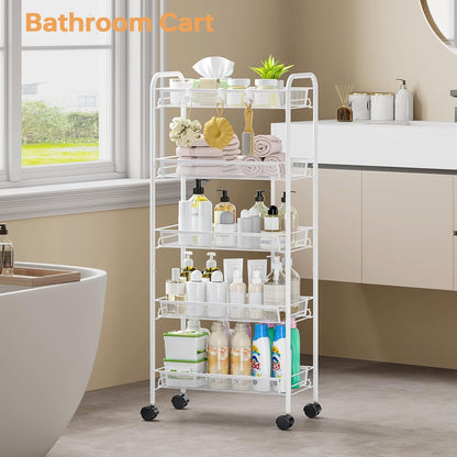 TOOLF 3-Tier Metal Rolling Cart, Mesh Wire Easy Assemble Utility Cart, Storage Trolley on Wheels with 3 Hooks, MetalStorage Shelving Units for Kitchen Bathroom Laundry Room