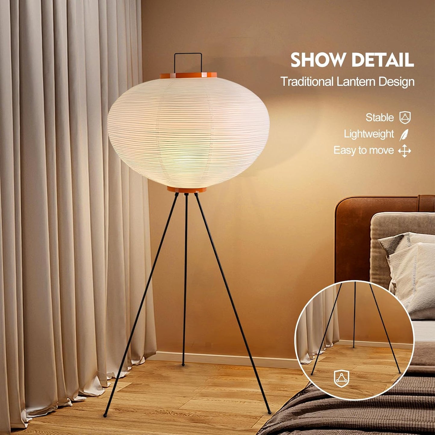 Japanese Paper Floor Lamp,Handmade Body Rice Paper Lantern Floor Lamp,with Chrome Nightstand Desk Lamp,Dimmable LED Rice Paper lamp with Foot Switch White Tall Standing Lamp Home Decor