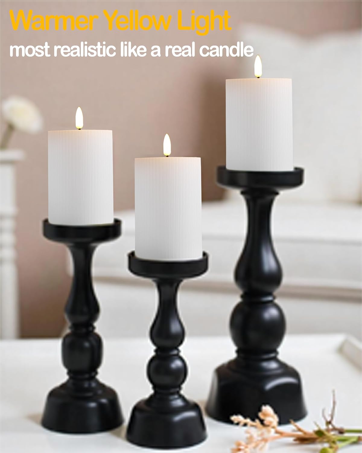 Gmnee 3"x4" White Ribbed Flameless Candles - Remote Control & Timer, Set of 3 Large Real Wax Pillar Flickering Battery LED Candles for Table, Fireplace and Mantel Decor