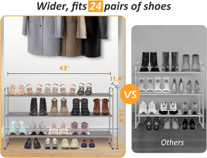 MISSLO 3-Tier Long Shoe Rack for Closet Shoe Organizer for Closet Floor Entryway Storage Stackable Wide Shoe Shelf Stores 24 Pairs of Men Sneakers, Black