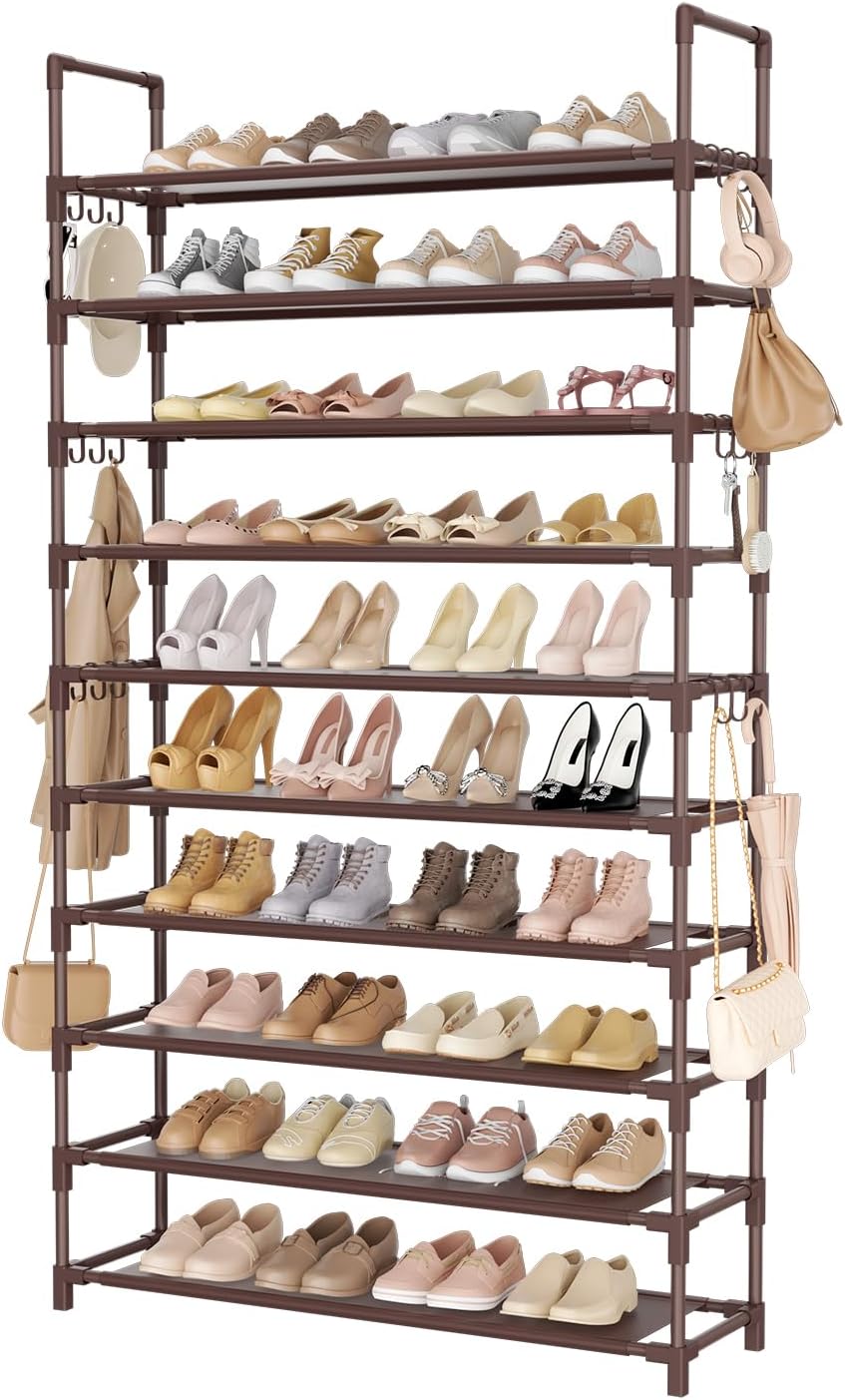 LANTEFUL 10 Tiers Tall Shoe Rack 20-25 Pairs Boots Organizer Storage Sturdy Narrow Shoe Shelf for Entryway, Closets with Hooks, Black