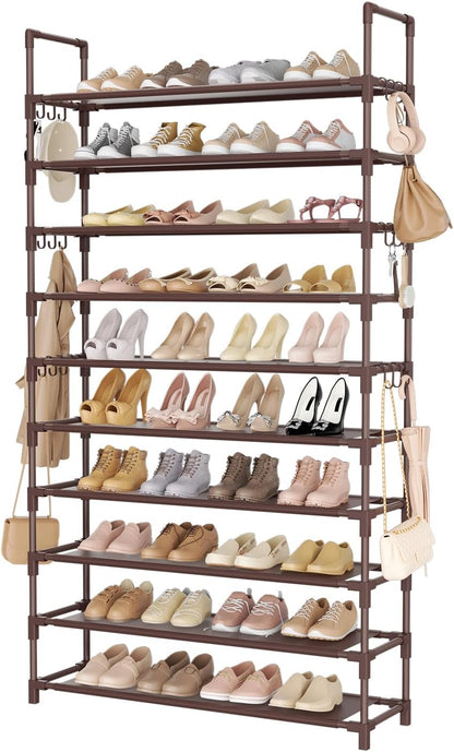 LANTEFUL 10 Tiers Tall Shoe Rack 20-25 Pairs Boots Organizer Storage Sturdy Narrow Shoe Shelf for Entryway, Closets with Hooks, Black