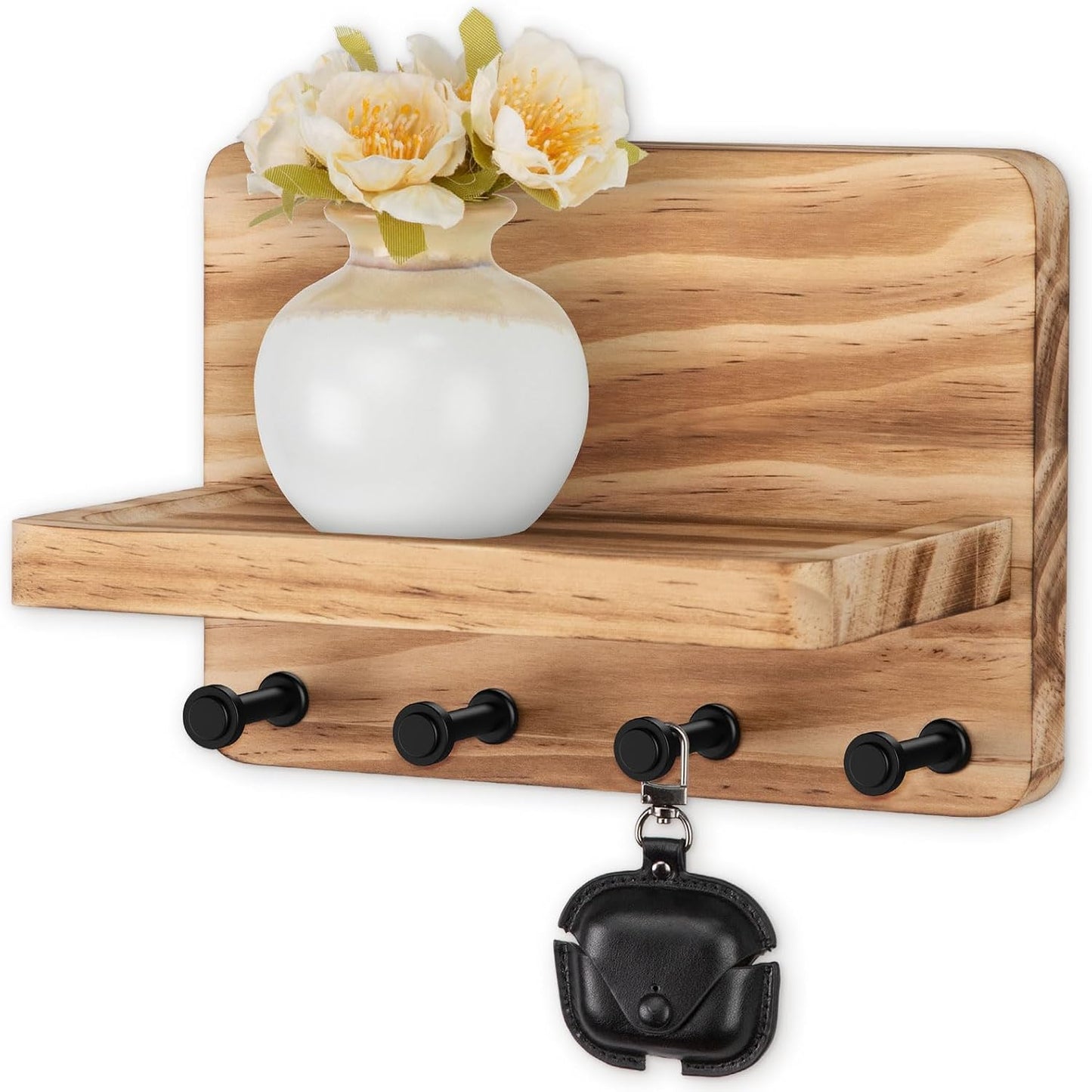 Nekon Key Holder for Wall with Shelf, Pine Wooden Key Hanger Wall Mounted, Farmhouse Wall Organizer for Home Entryway & Apartment (Standard, Wood)