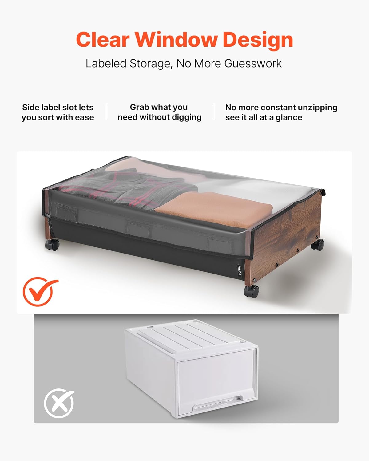 VEVOR Under Bed Storage with Wheels, 36.0 x 18.1 x 7.3 inch, Underbed Containers with Clear Lid, Underbed Shoe Organizer, Rolling Under the Bed Storage Bins for Clothes Shoes Blankets Bedroom, 2 Pack