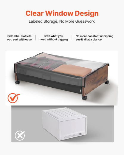 VEVOR Under Bed Storage with Wheels, 36.0 x 18.1 x 7.3 inch, Underbed Containers with Clear Lid, Underbed Shoe Organizer, Rolling Under the Bed Storage Bins for Clothes Shoes Blankets Bedroom, 2 Pack