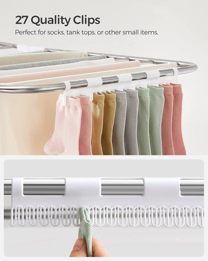 SONGMICS Clothes Drying Rack, with Sock Clips, Metal Laundry Rack, Foldable, Space-Saving, Free-Standing Airer, with 2 Height-Adjustable Gullwings, Indoor Outdoor Use, Gray ULLR052G01