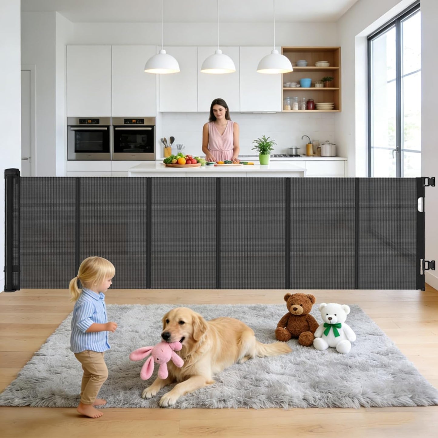 Retractable Baby Gate, 55 in Wide x 33 in Tall Mesh Dog Gate, Hardware Mounted Safety Gate with Double Lock for Doorways, Hallways, Indoor Outdoor, White