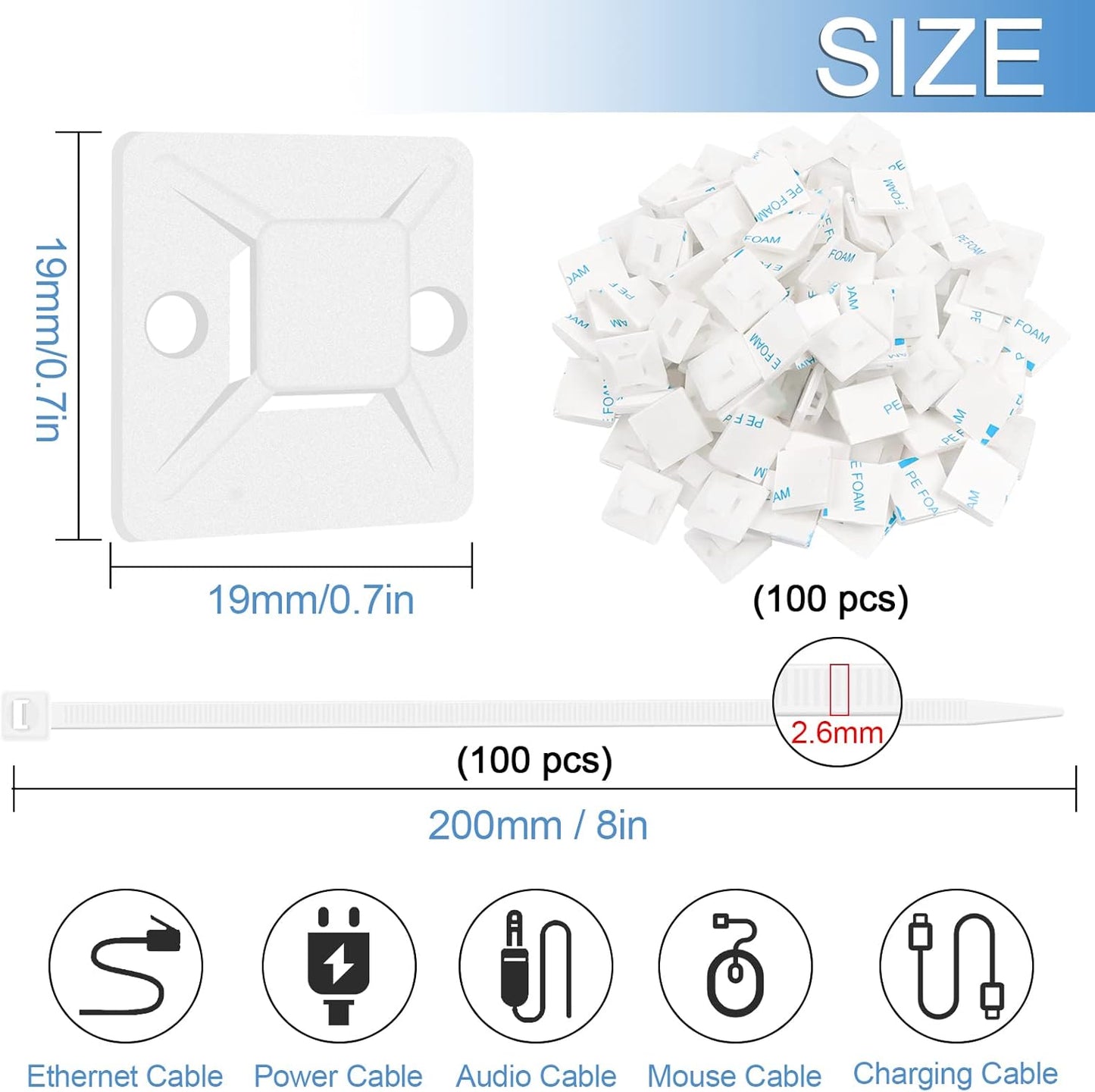 Zip Tie Mounts - SeuYeugX 100PCS Cable Self Adhesive Mounts Set for Wire Management with Stick Pads Anchors Clips Squares Holders (Black)