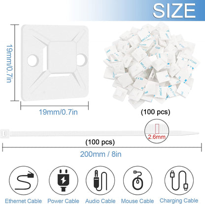 Zip Tie Mounts - SeuYeugX 100PCS Cable Self Adhesive Mounts Set for Wire Management with Stick Pads Anchors Clips Squares Holders (Black)