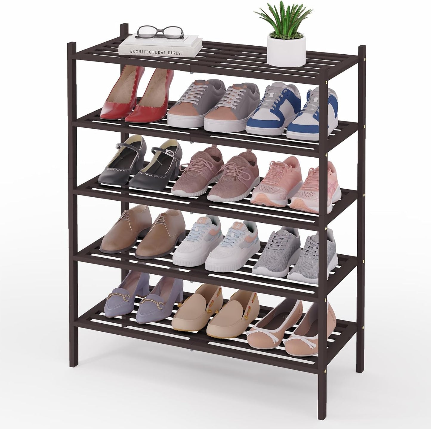 Smiry Bamboo Shoe Rack, 3 Tier Free Standing Wooden Shoe Organizer, Stackable Wood Shoe Storage Shelf for Closet, Entryway, 5 Horizontal Slats, 26.8"x11"x18.3", Natural