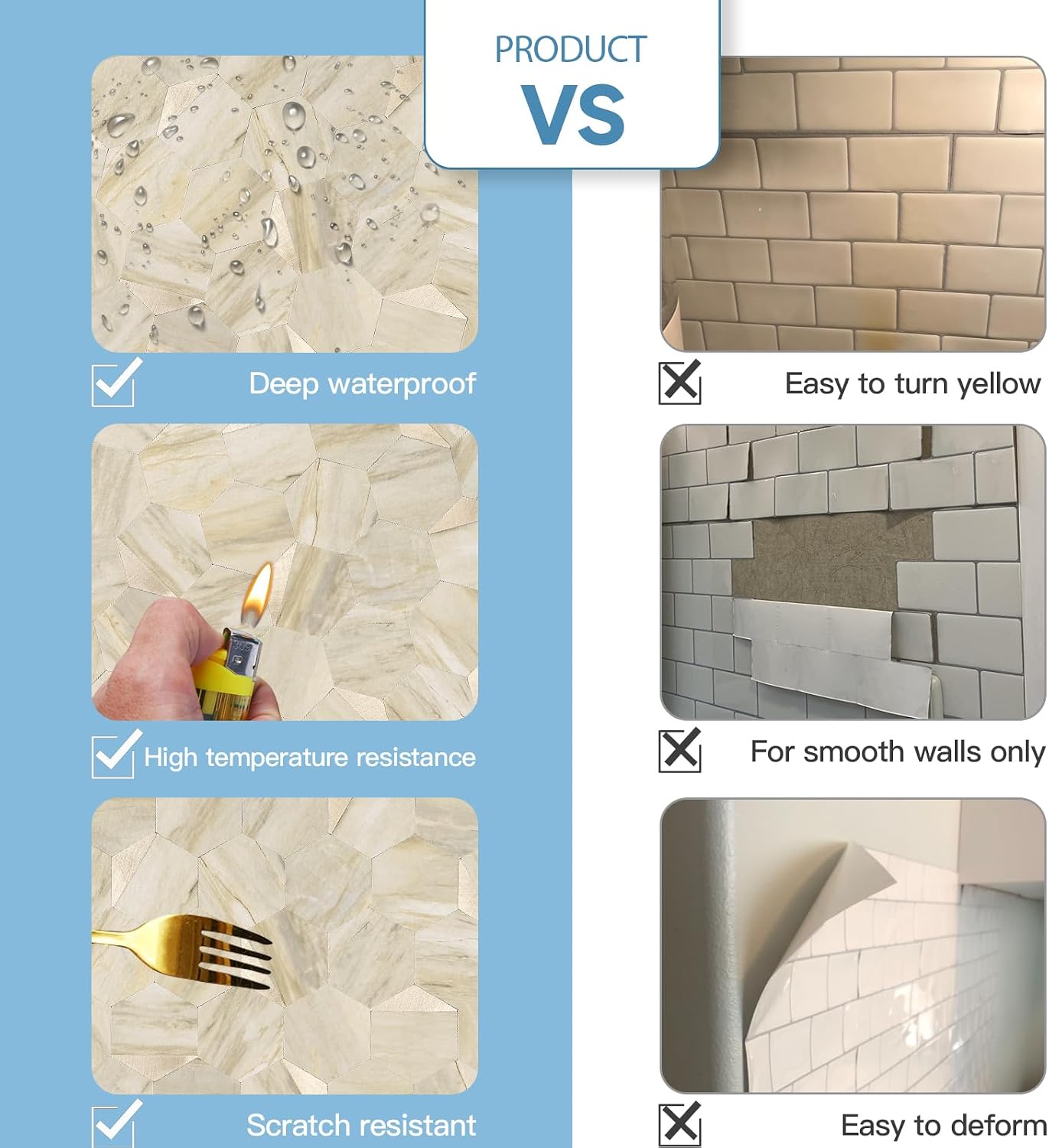 10-Sheet Heavy-Duty Hexagon Peel and Stick Backsplash, Thick Waterproof &Heat Resistant Stick on Wall Tiles, Slate Beige Mosaic for Kitchen & Bathroom, Strong Adhesive Permanent PVC Tiles